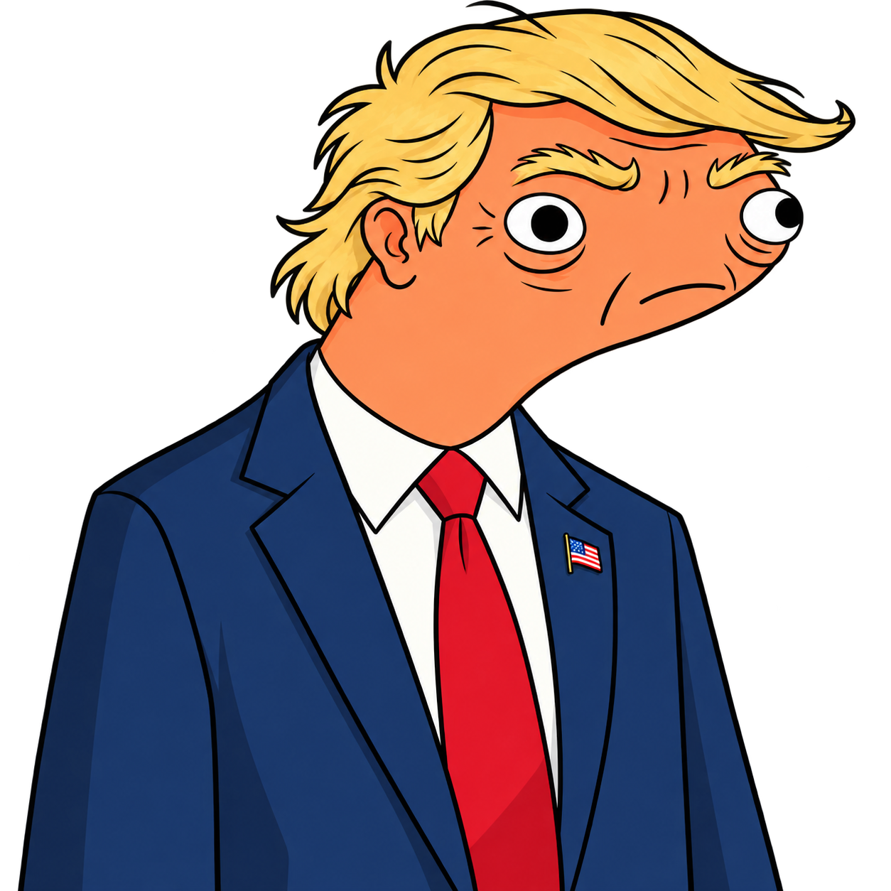 Dunald Tremp, a wide-eyed blond caricature in a navy suit and red tie