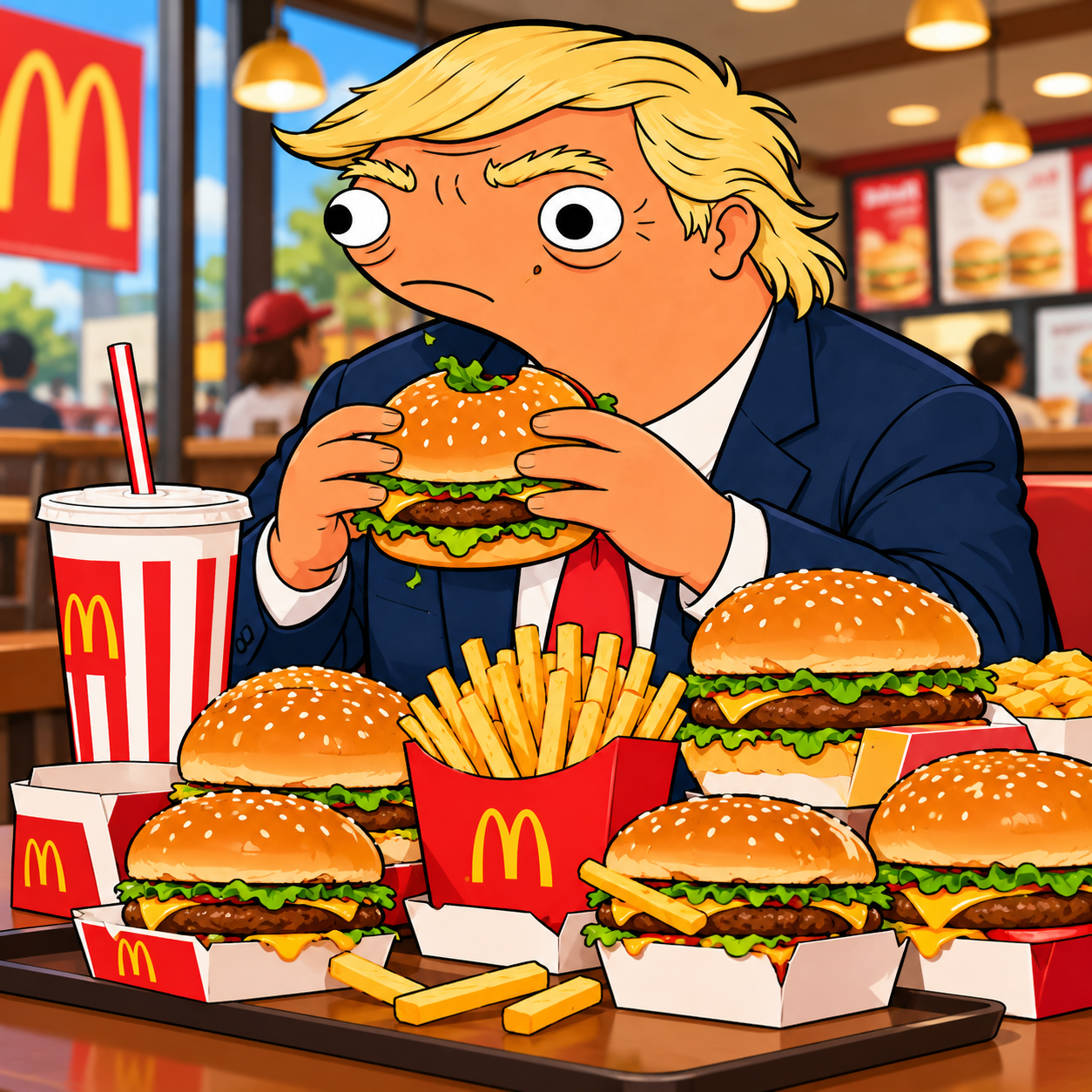 Dunald Tremp enjoying a fast-food feast of burgers and fries